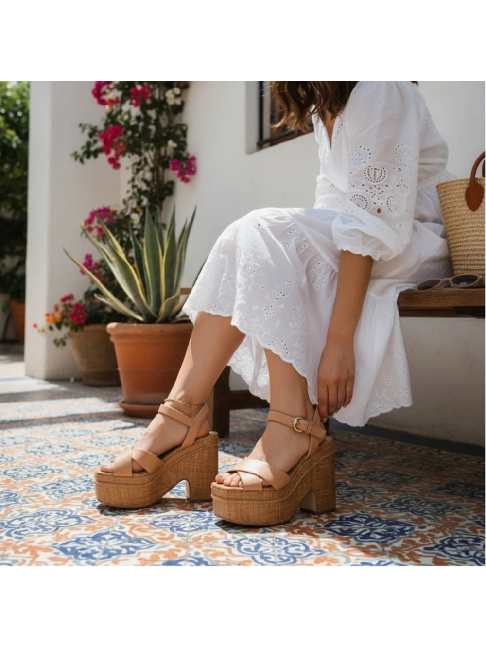Sam Edelman Trianna LEATHER Woven Jute Raffia Block Heel Sandals 7.5 M Tan Brown